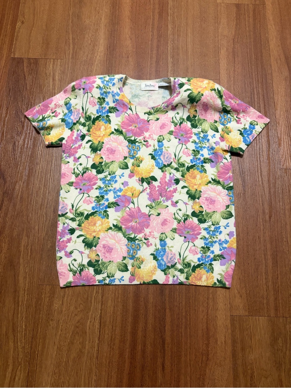 Vintage Neiman Marcus Floral Short-Sleeve 100% Cashmere Sweater Size 8